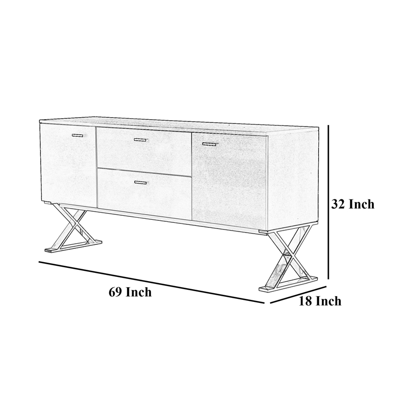 Benjara Rix Sideboard Buffet Console- 2 Door- X Chrome Legs- White 69 Inch