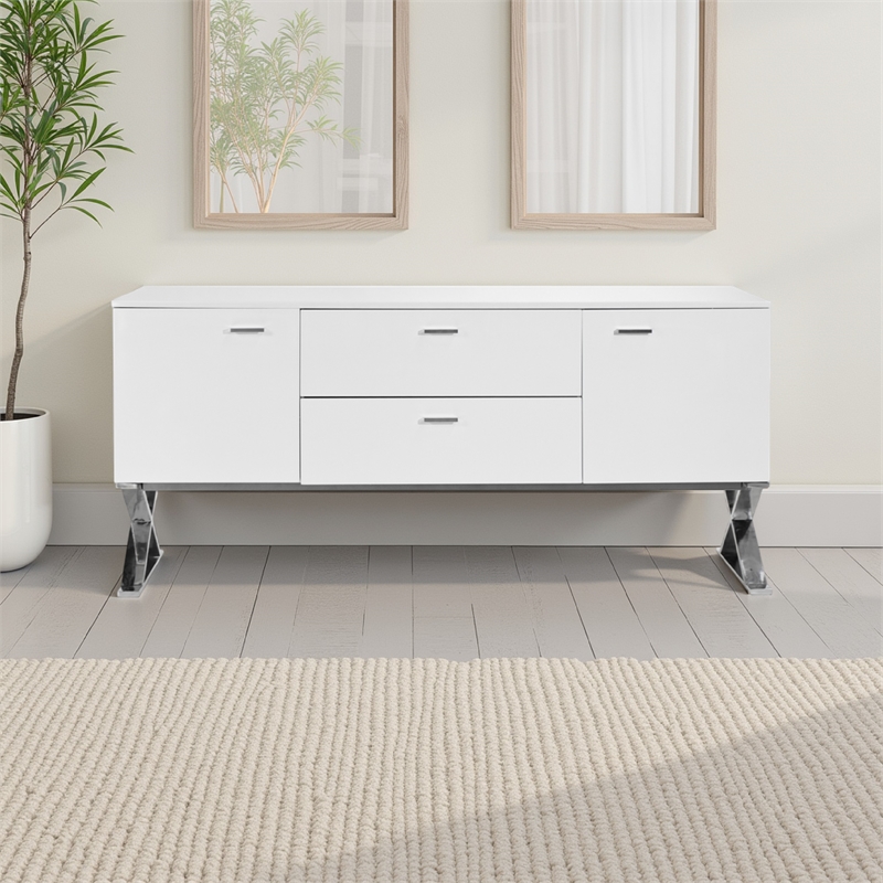 Benjara Rix Sideboard Buffet Console- 2 Door- X Chrome Legs- White 69 Inch