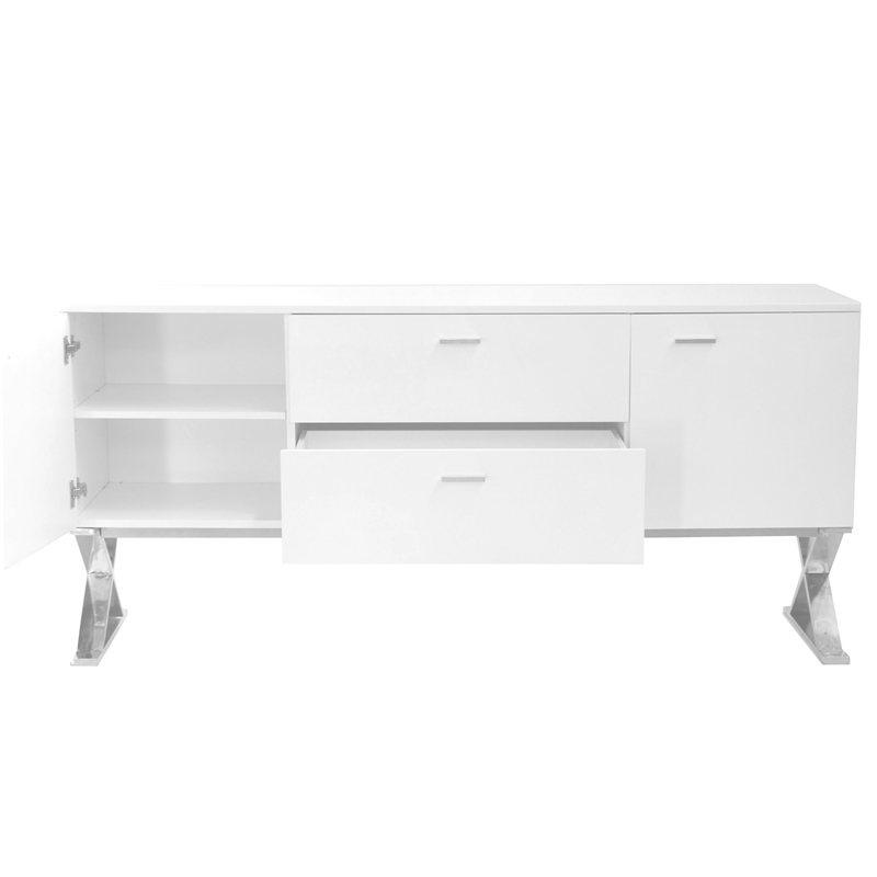 Benjara Rix Sideboard Buffet Console- 2 Door- X Chrome Legs- White 69 Inch