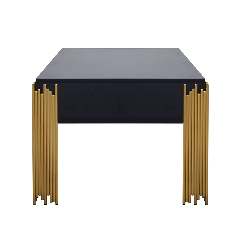 Benjara Theo Coffee Table- 2 Drawers- Gold Metal- Retro Black Wood 48 Inch