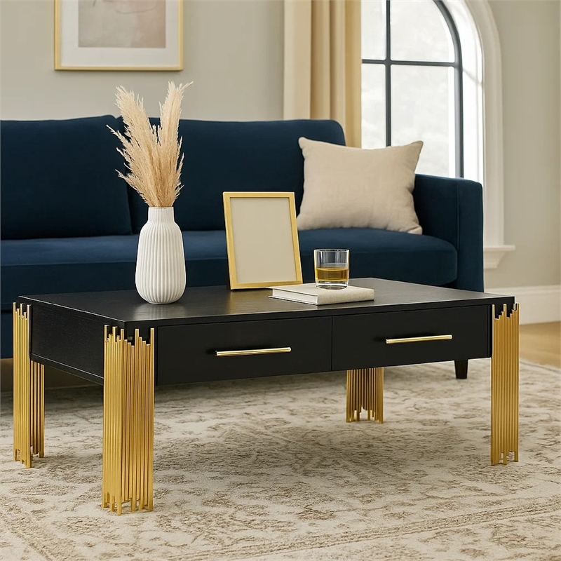 Benjara Theo Coffee Table- 2 Drawers- Gold Metal- Retro Black Wood 48 Inch