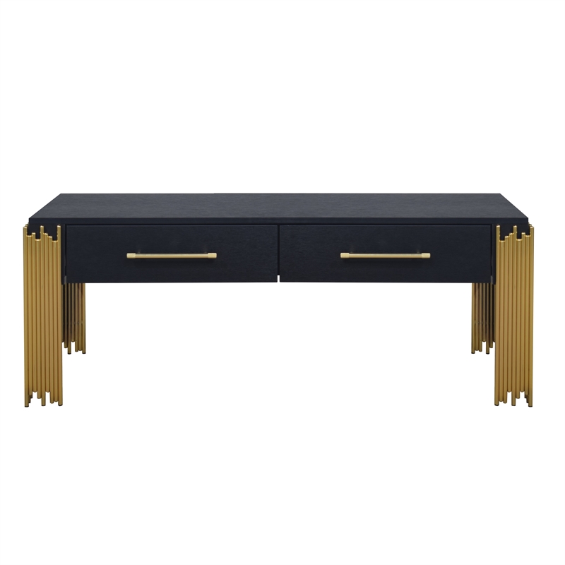 Benjara Theo Coffee Table- 2 Drawers- Gold Metal- Retro Black Wood 48 Inch