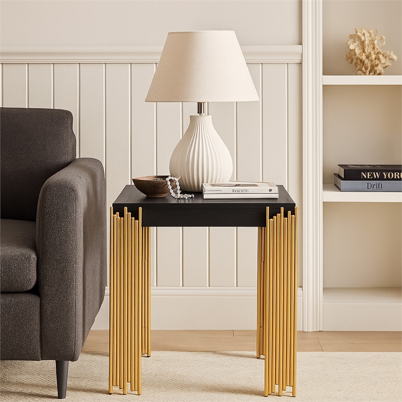 Benjara Theo Side End Table- Retro Gold Metal Legs- Black Wood- Square 25 Inch