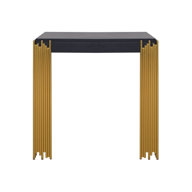Benjara Theo Side End Table- Retro Gold Metal Legs- Black Wood- Square 25 Inch
