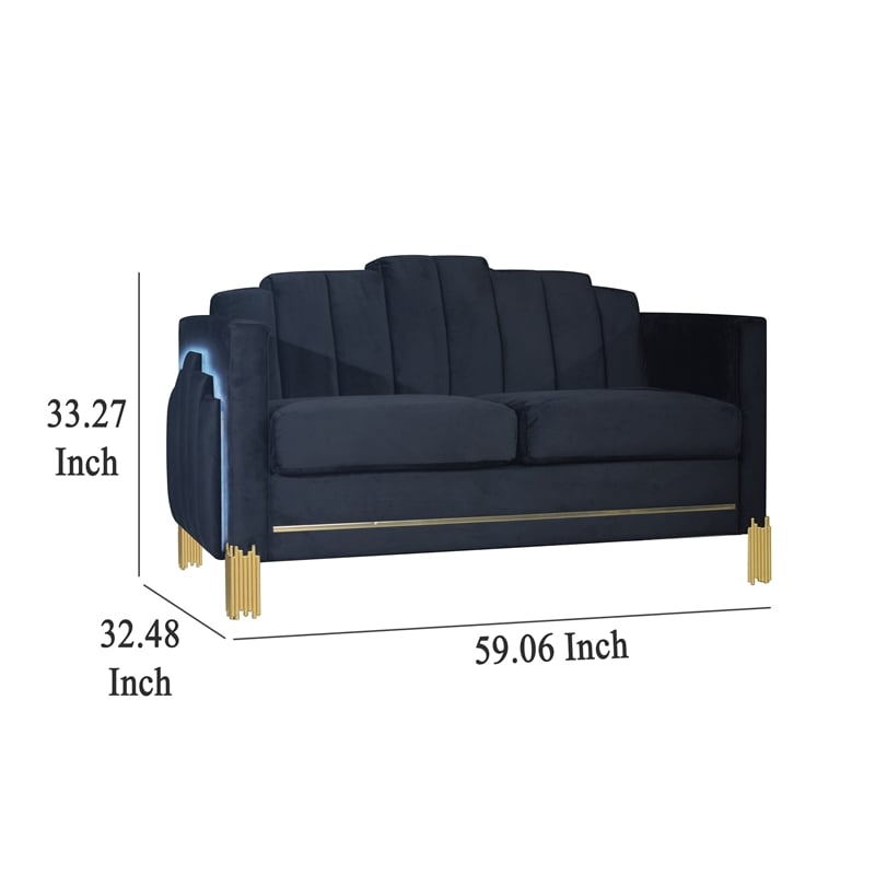 Benjara Theo Loveseat- Black Velvet- Blue LED Lights- Gold Metal Legs- 59 Inch