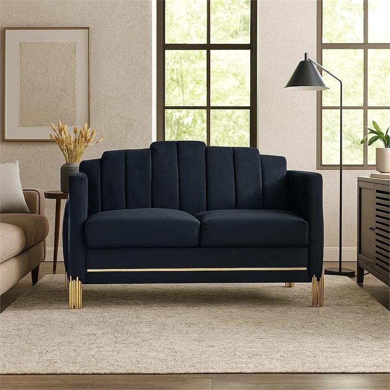 Benjara Theo Loveseat- Black Velvet- Blue LED Lights- Gold Metal Legs- 59 Inch