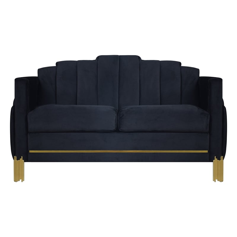 Benjara Theo Loveseat- Black Velvet- Blue LED Lights- Gold Metal Legs- 59 Inch