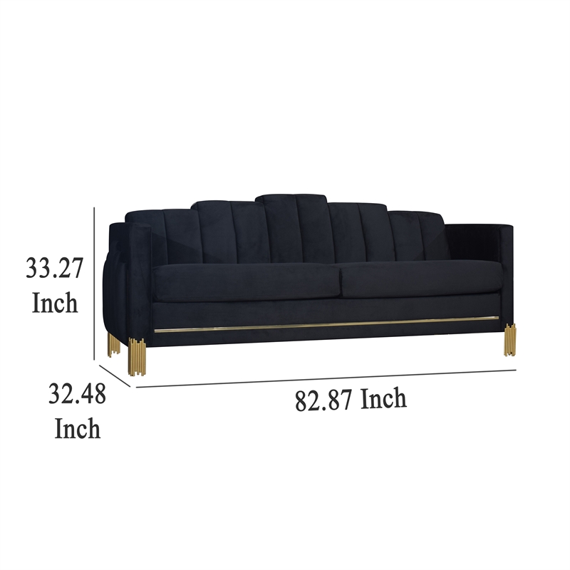 Benjara Theo Sofa- Black Velvet- Blue LED Lights- Gold Metal Legs- 83 Inch