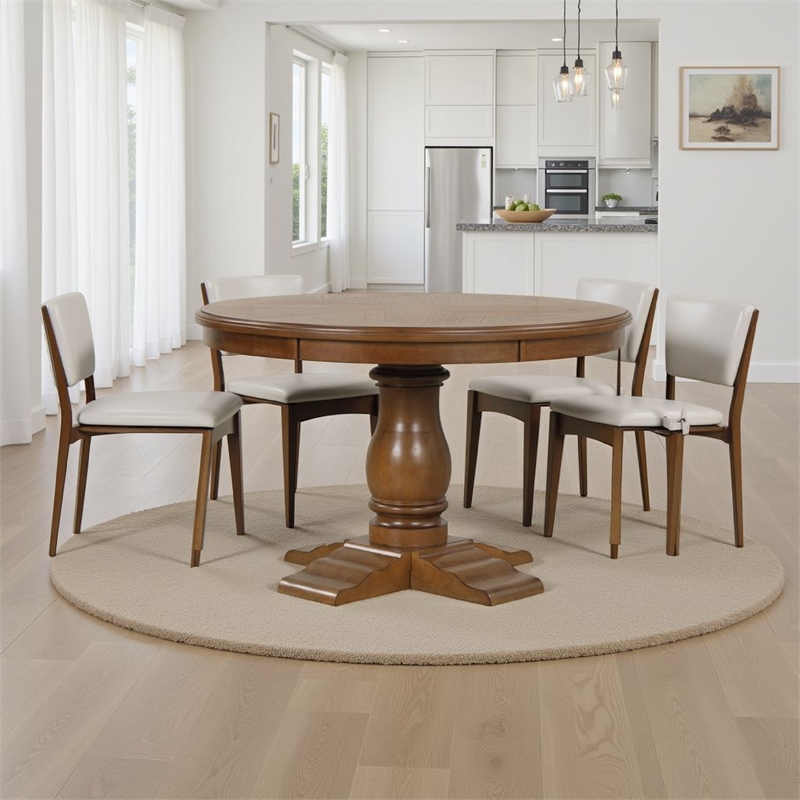 Benjara Dinie Dining Table- Classic Turned Base- Chestnut Brown Wood 48 Inch