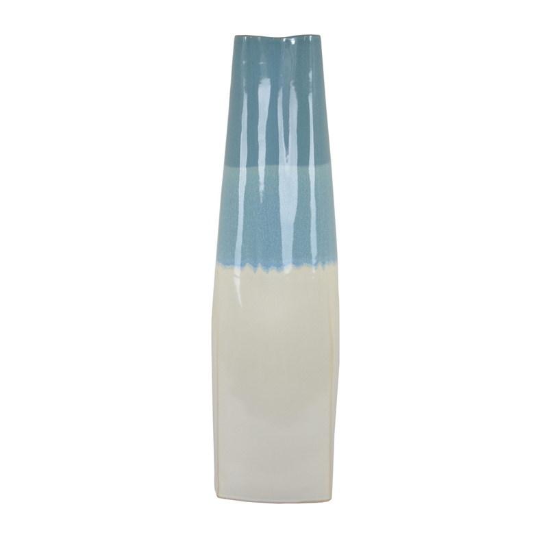 Benjara Cobb Accent Vase- Slender Silhouette Blue White Ceramic 27 Inch