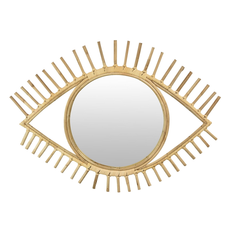 Benjara Eric Round Mirror Wall Decor- Eye Shaped Brown Natural Fiber 34 Inch