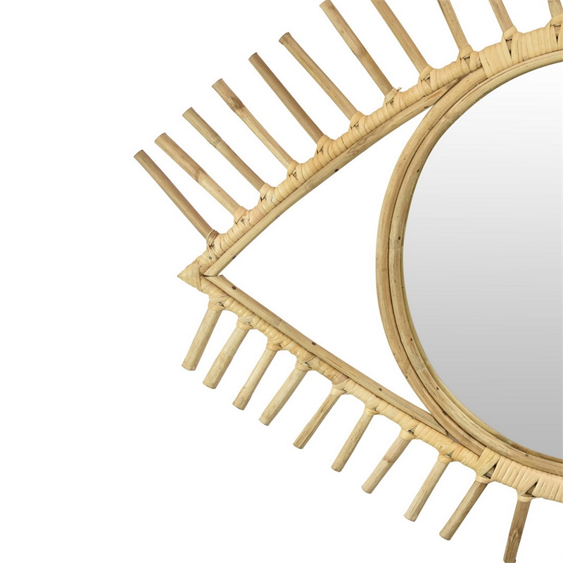 Benjara Eric Round Mirror Wall Decor- Eye Shaped Brown Natural Fiber 34 Inch