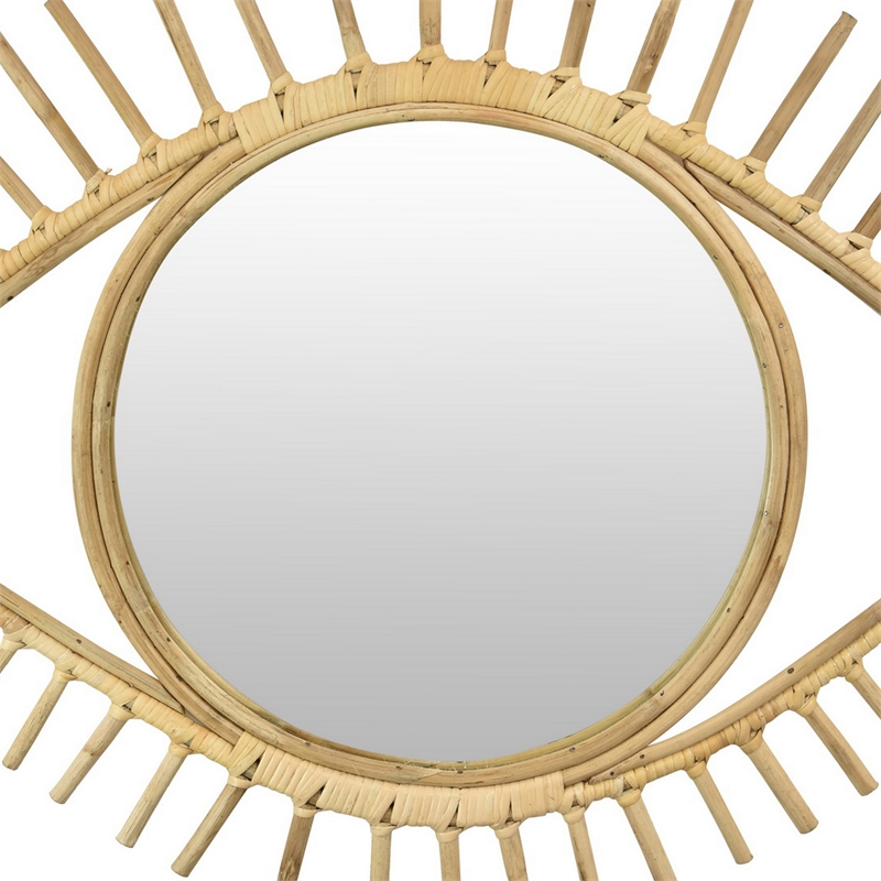 Benjara Eric Round Mirror Wall Decor- Eye Shaped Brown Natural Fiber 34 Inch