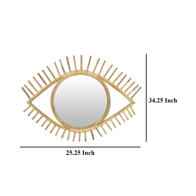 Benjara Eric Round Mirror Wall Decor- Eye Shaped Brown Natural Fiber 34 Inch