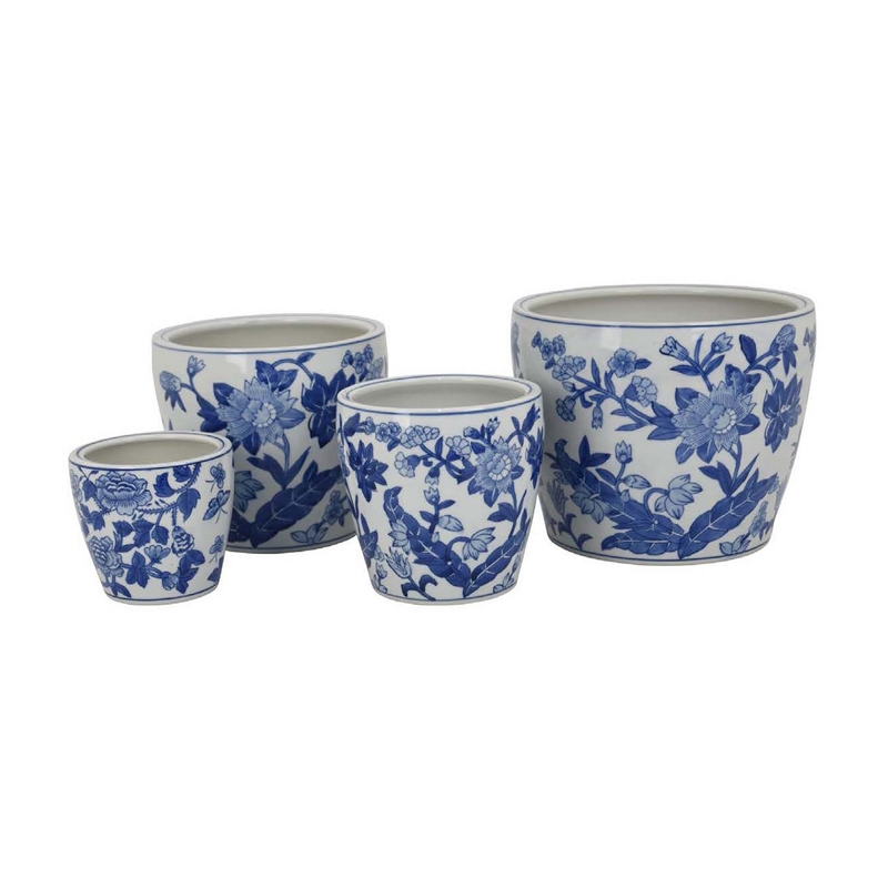 Benjara Kerry Accent Planter Pot Set of 4- Blue Floral Pottery- White Ceramic