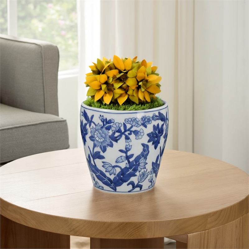 Benjara Kerry Accent Planter Pot Set of 4- Blue Floral Pottery- White Ceramic