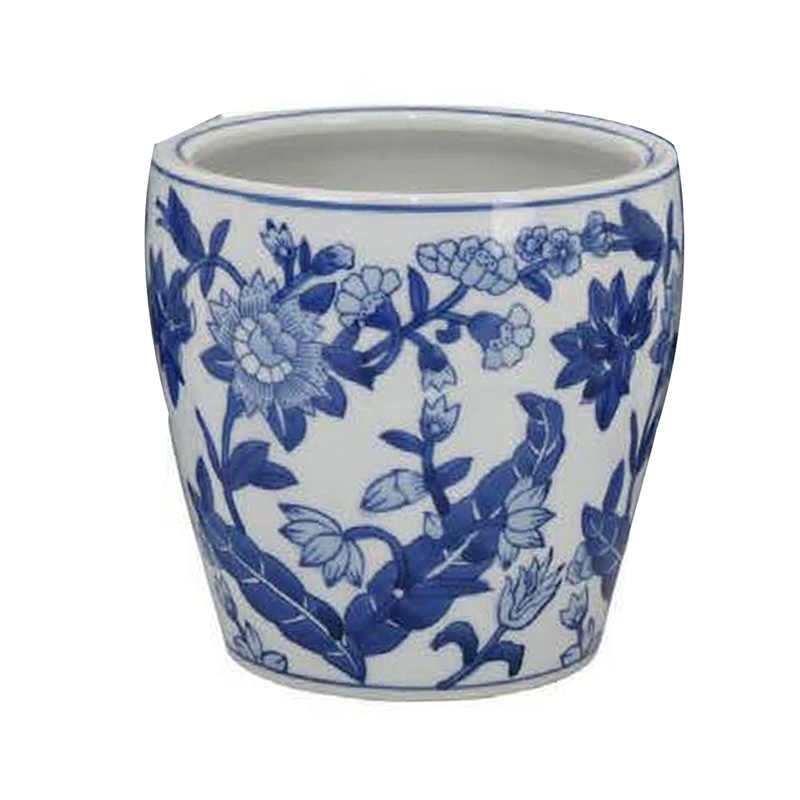 Benjara Kerry Accent Planter Pot Set of 4- Blue Floral Pottery- White Ceramic