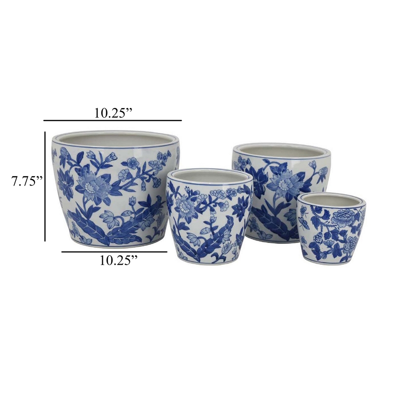 Benjara Kerry Accent Planter Pot Set of 4- Blue Floral Pottery- White Ceramic