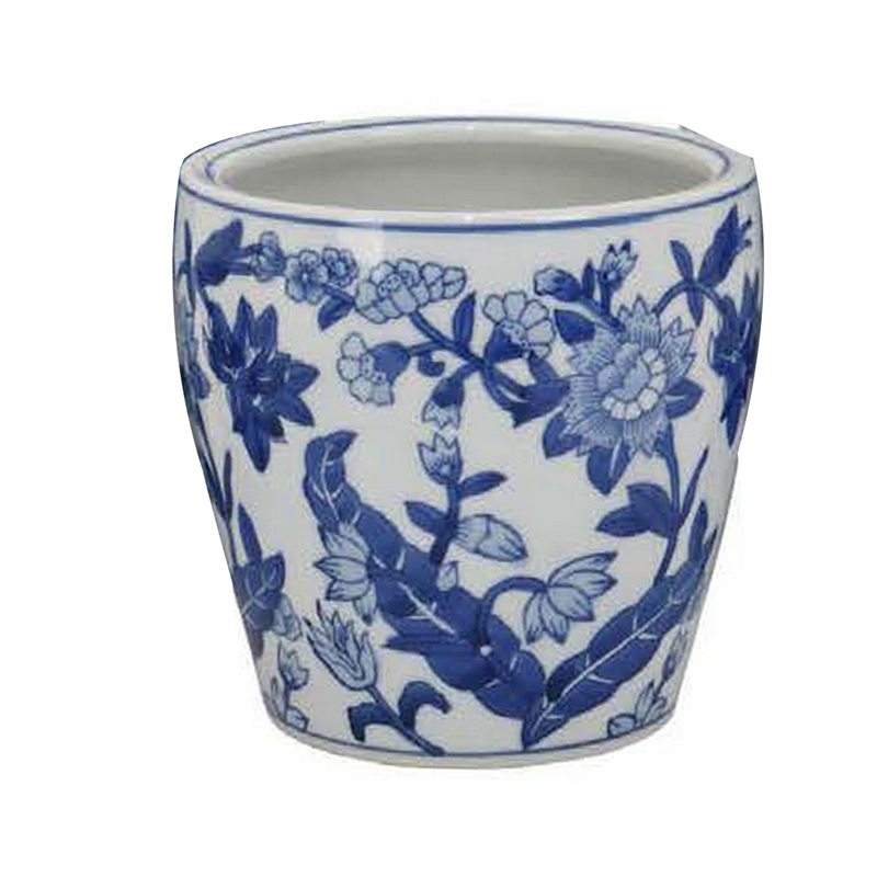 Benjara Kerry Accent Planter Pot Set of 4- Blue Floral Pottery- White Ceramic