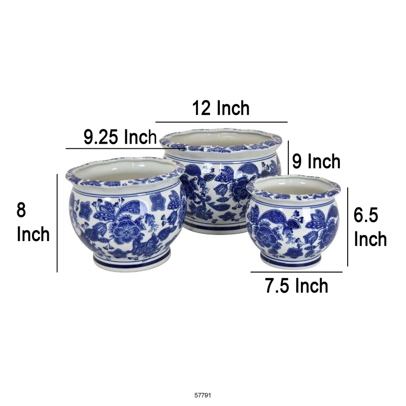 Benjara 3pc Modern Planter- Japanese Inspired Art Design- Blue White Ceramic