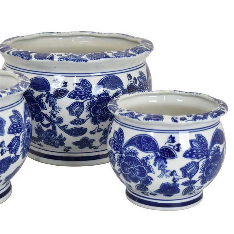Benjara 3pc Modern Planter- Japanese Inspired Art Design- Blue White Ceramic