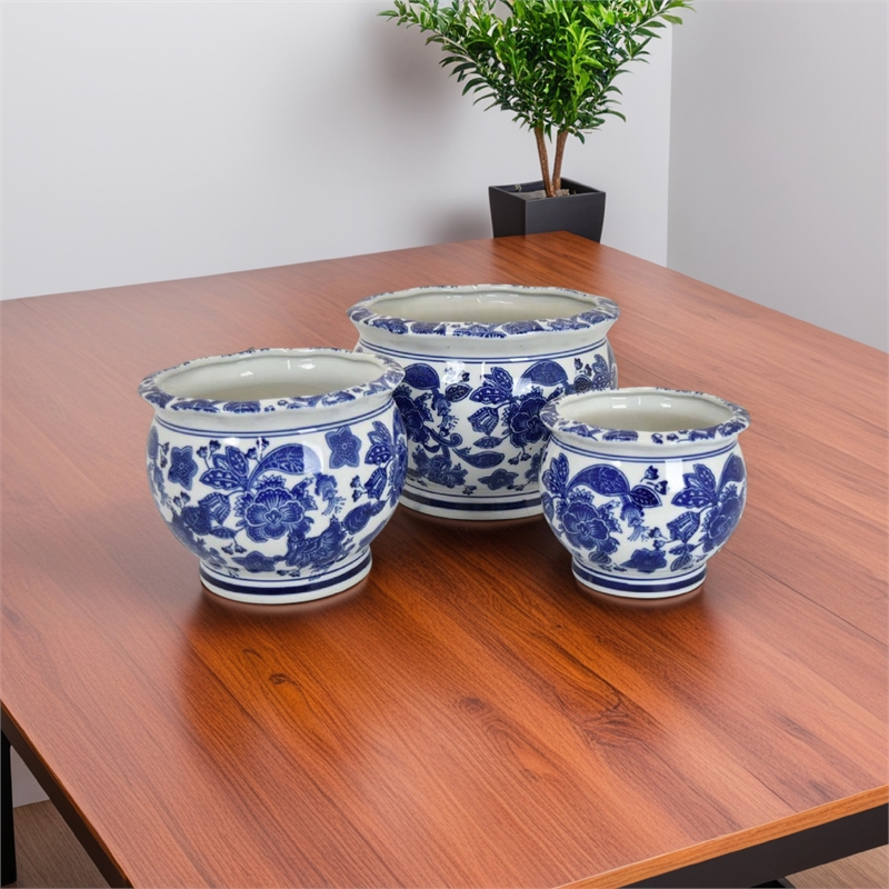 Benjara 3pc Modern Planter- Japanese Inspired Art Design- Blue White Ceramic