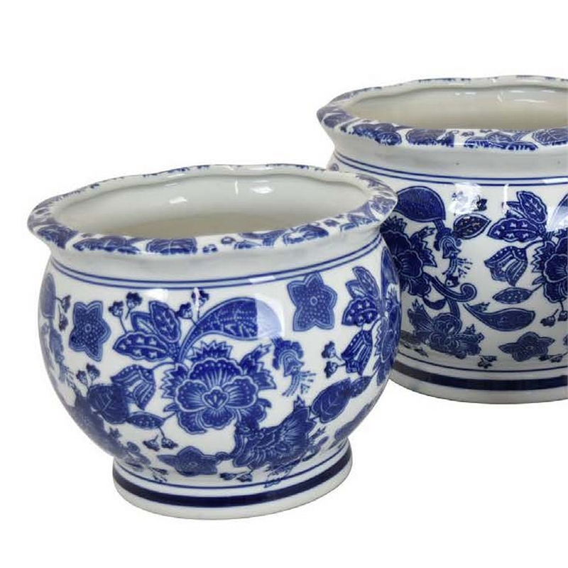 Benjara 3pc Modern Planter- Japanese Inspired Art Design- Blue White Ceramic
