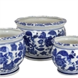 Benjara 3pc Modern Planter- Japanese Inspired Art Design- Blue White Ceramic