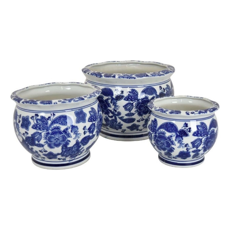 Benjara 3pc Modern Planter- Japanese Inspired Art Design- Blue White Ceramic