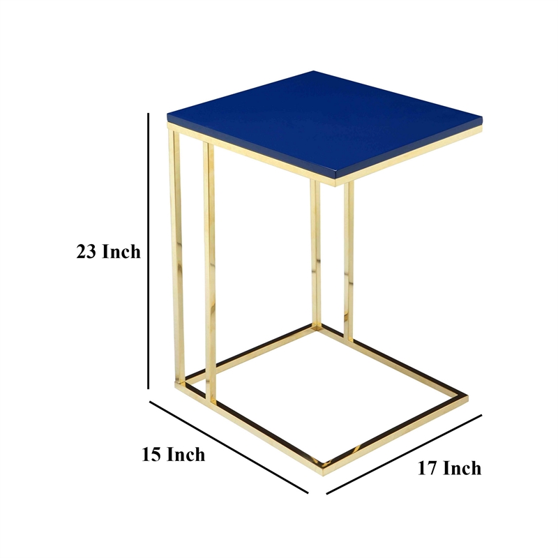 Benjara Zen Side End Table- C Shape Gold Base- Navy Blue Lacquer Top