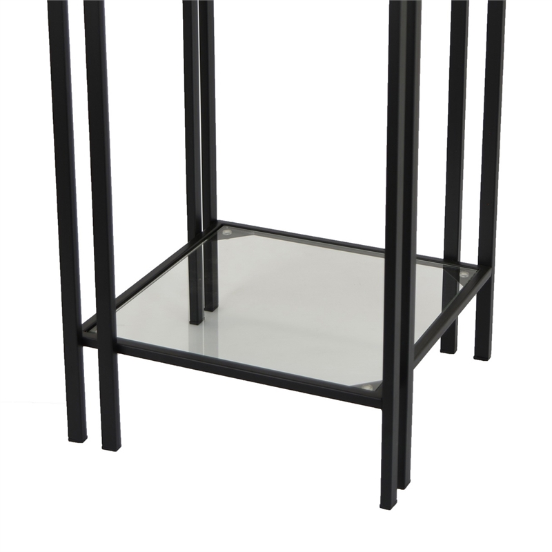 Benjara Buckley Plant Stand Table- Black Metal- Square Mirrored Top- 22 Inch