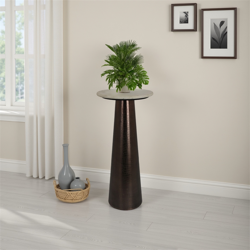Benjara Plant Stand Accent Table- Bronze Metal- Round Gray Marble Top- 26 Inch