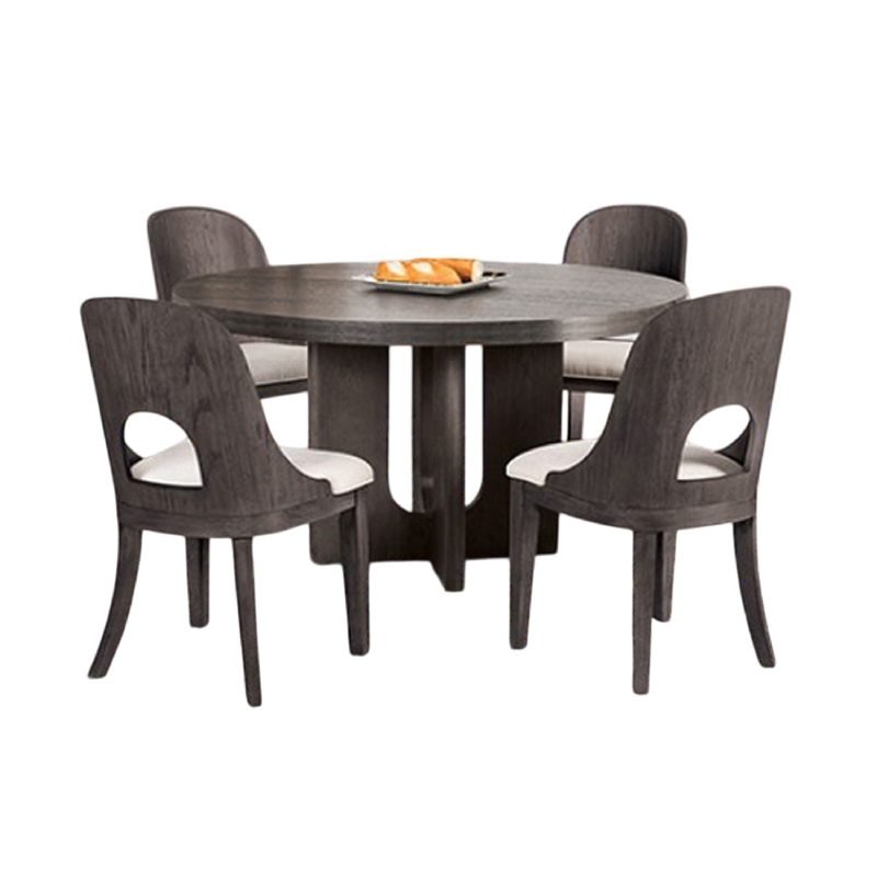 Benjara Zoko 5pc Round Dining Table Set- White Polyester Chairs- Ash Gray Wood