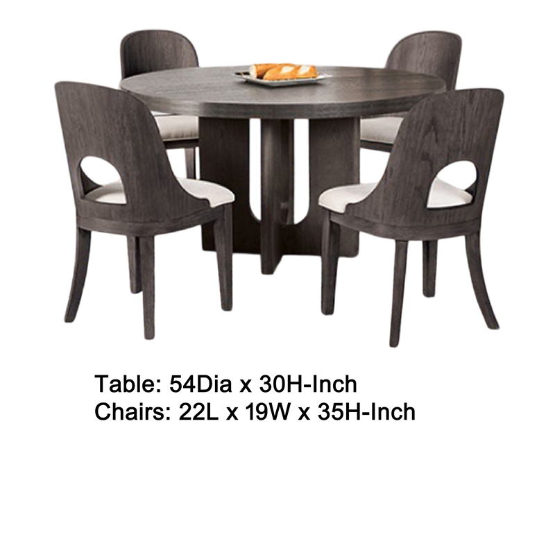 Benjara Zoko 5pc Round Dining Table Set- White Polyester Chairs- Ash Gray Wood