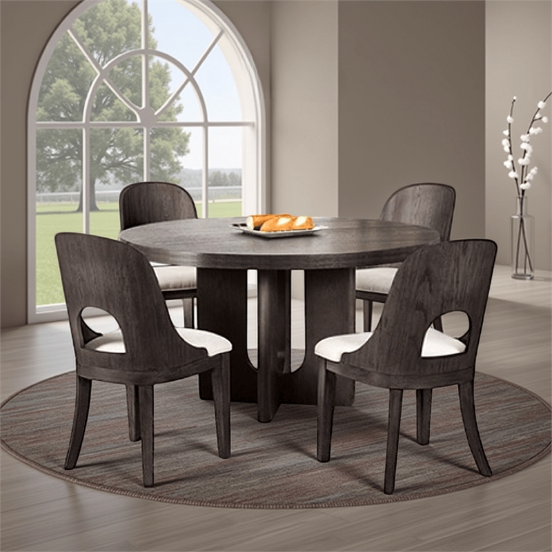 Benjara Zoko 5pc Round Dining Table Set- White Polyester Chairs- Ash Gray Wood