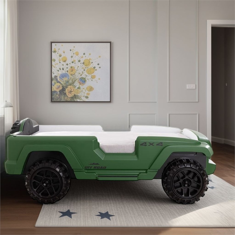 Benjara Randy SUV Twin Bed with Lights and Sound Effects- Green Faux Leather