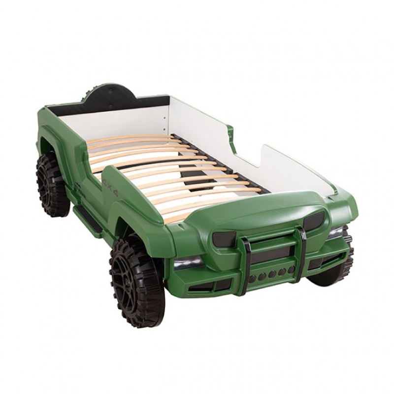Benjara Randy SUV Twin Bed with Lights and Sound Effects- Green Faux Leather