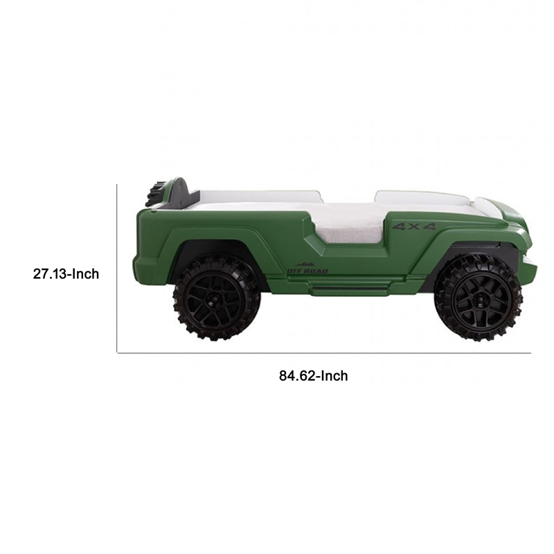 Benjara Randy SUV Twin Bed with Lights and Sound Effects- Green Faux Leather