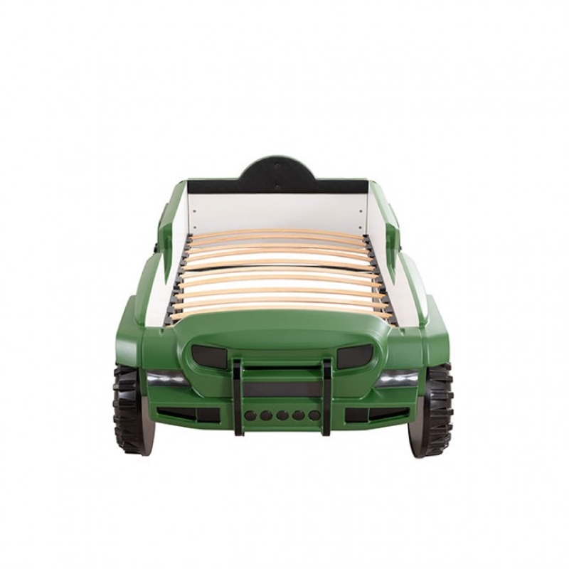 Benjara Randy SUV Twin Bed with Lights and Sound Effects- Green Faux Leather