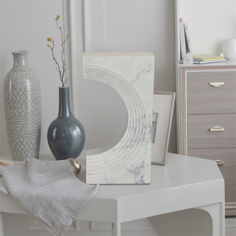 Benjara Keveny Tabletop Decor- C Arch Sculpture Texture White Marble- 13 Inch