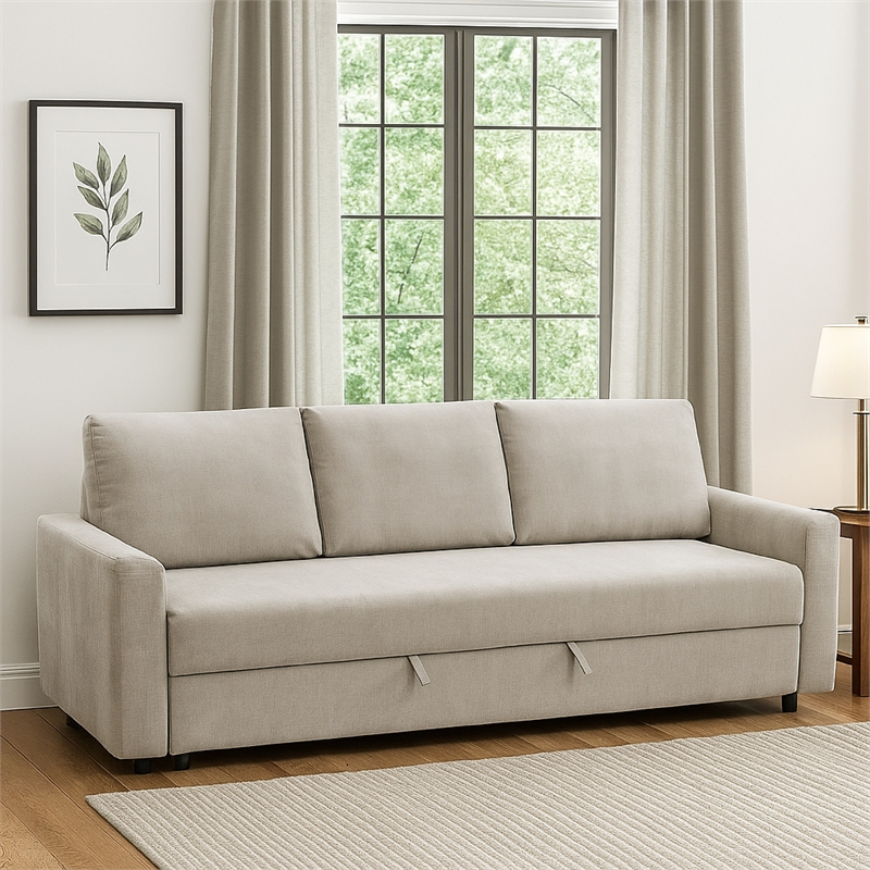 Benjara Eira Sofa with Fold Out Sleeper Full Size Bed- Beige Linen- 89 Inch