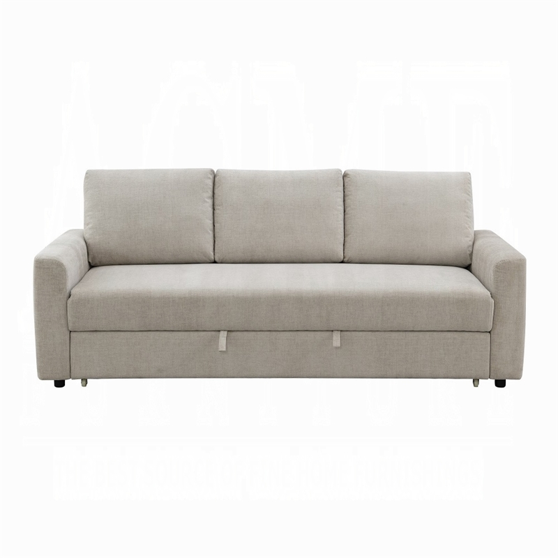 Benjara Eira Sofa with Fold Out Sleeper Full Size Bed- Beige Linen- 89 Inch