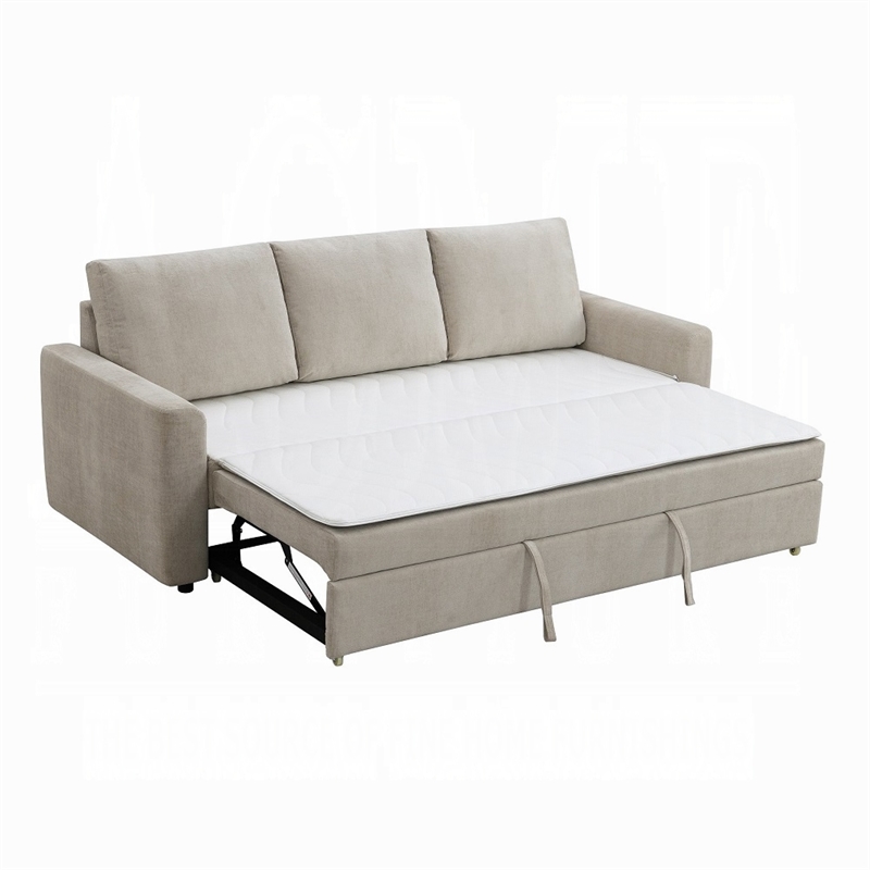 Benjara Eira Sofa with Fold Out Sleeper Full Size Bed- Beige Linen- 89 Inch