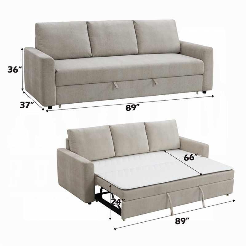 Benjara Eira Sofa with Fold Out Sleeper Full Size Bed- Beige Linen- 89 Inch