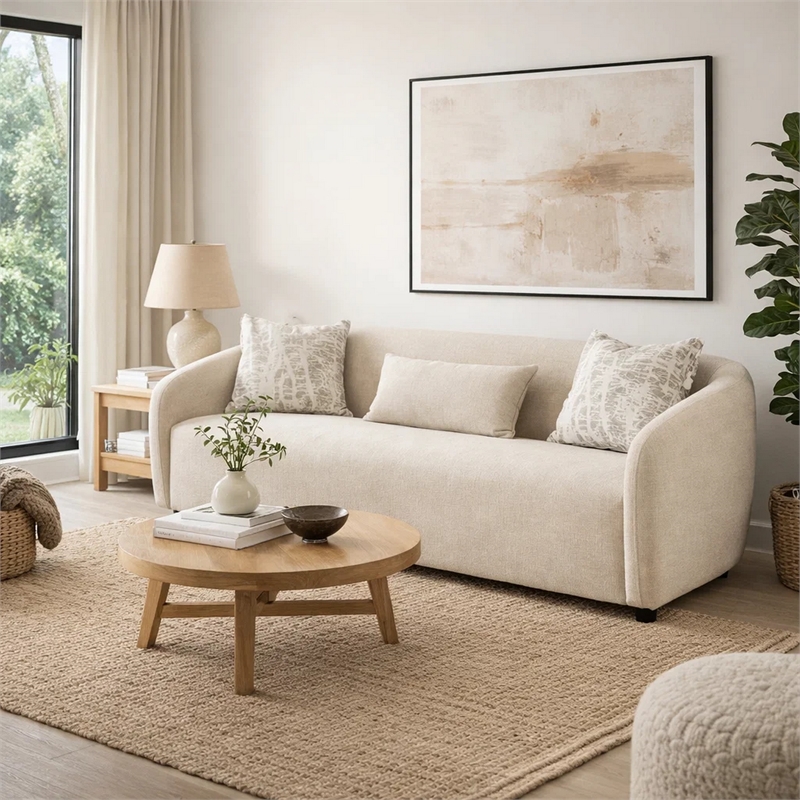 Benjara Tiena Sofa- 3 Accent Throw Pillows- Modern Warm Beige Linen- 84 Inch