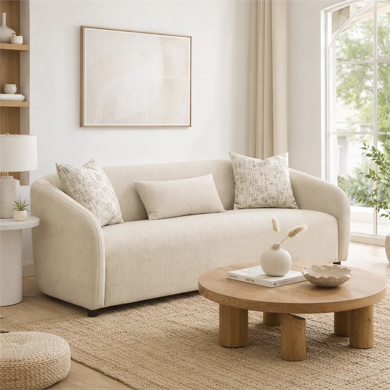 Benjara Tiena Sofa- 3 Accent Throw Pillows- Modern Warm Beige Linen- 84 Inch