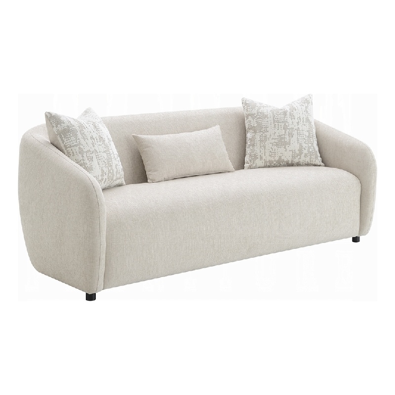 Benjara Tiena Sofa- 3 Accent Throw Pillows- Modern Warm Beige Linen- 84 Inch