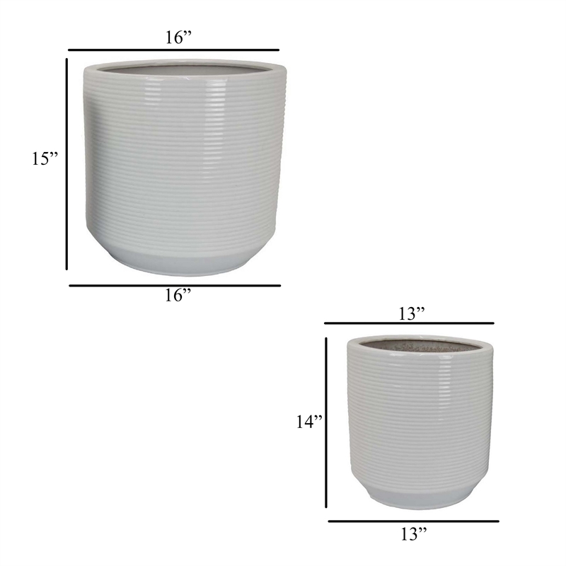 Benjara Fusie Planter Set of 2- Round- White Ceramic- Horizontal Texture