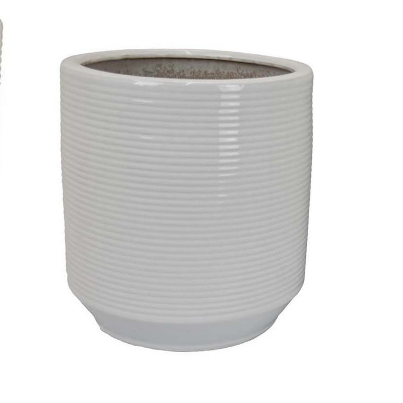 Benjara Fusie Planter Set of 2- Round- White Ceramic- Horizontal Texture