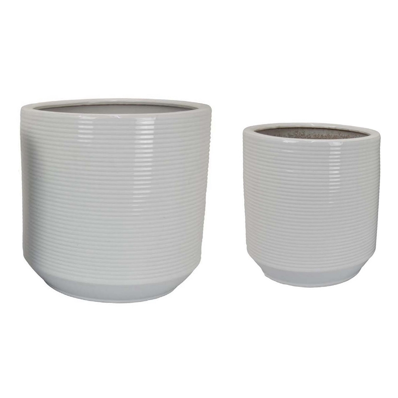 Benjara Fusie Planter Set of 2- Round- White Ceramic- Horizontal Texture